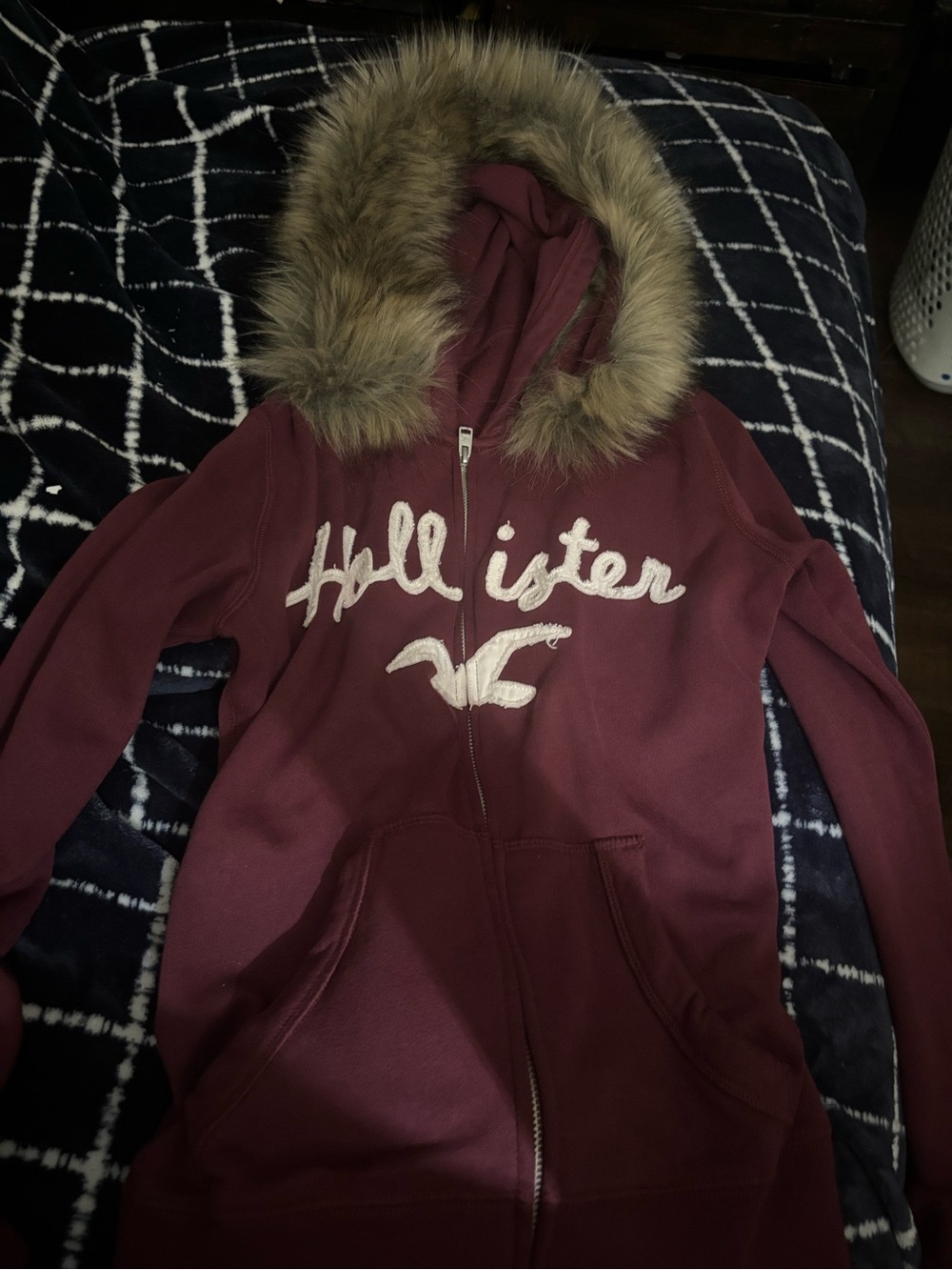 Hollister Maroon Hooded Puffer Coat with Faux Fur Trim